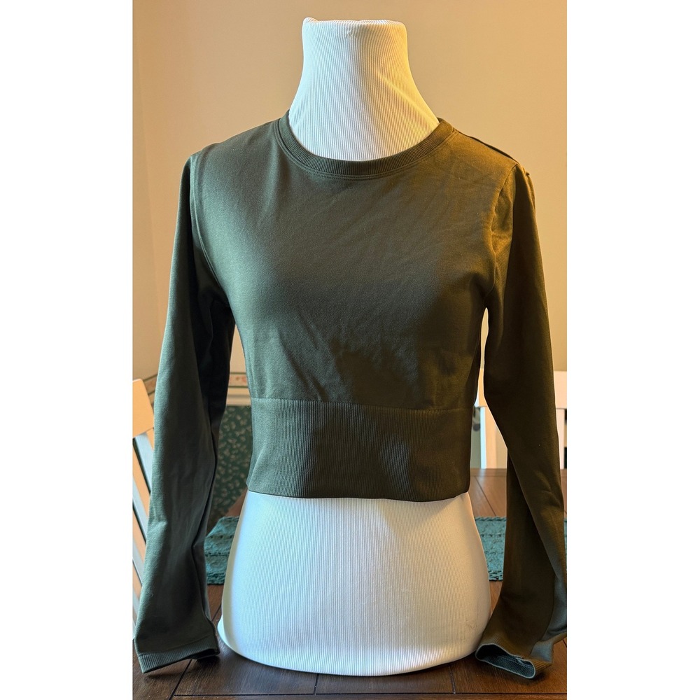 OFFLINE by Aerie Womens Olive Green Seamless Long Sleeve Cropped Active Top M
